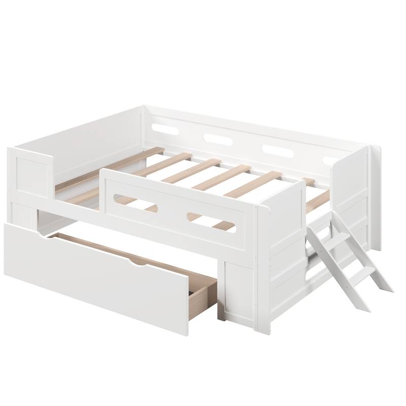 Kids Low Loft Bed with Stairs, Large Drawer and Guardrail, Semi-Enclosed Fence Platform Toddler Bed, Wooden Storage Daybed