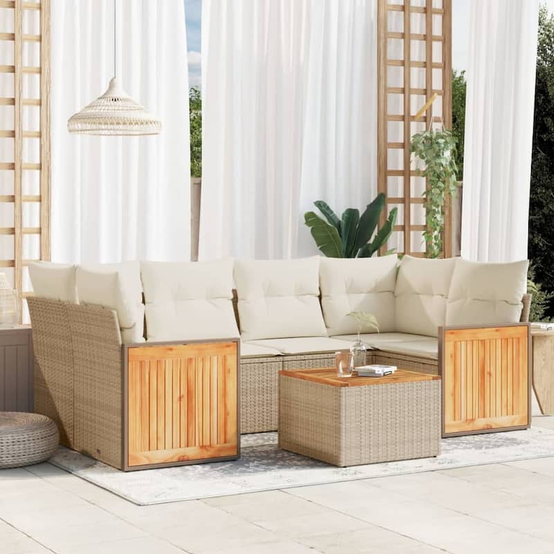 vidaXL Patio Sofa Set with Cushions Outdoor Furniture 7 Piece Poly Rattan - Beige and Cream - 33.5 x 92.1 x 47.6