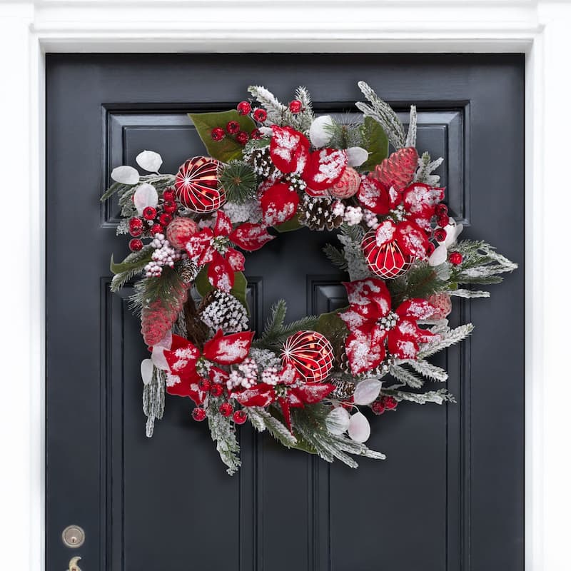 SAFAVIEH Home Faux 28-inch Snowy Needle Pine Wreath With Red Poinsettias & Ornaments