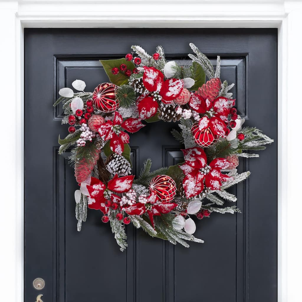 SAFAVIEH Home Faux 28-inch Snowy Needle Pine Wreath With Red Poinsettias & Ornaments