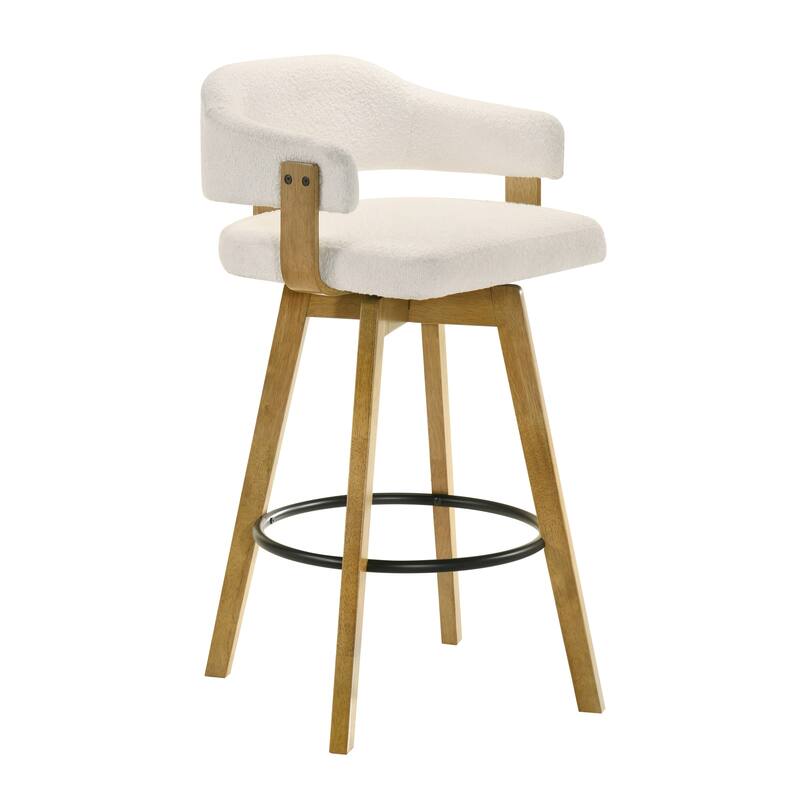 Callah Natural Wood Bar Stool, Counter Height Kitchen Stool in Amber Glow Finish with White Boucle Fabric Upholstered Seat