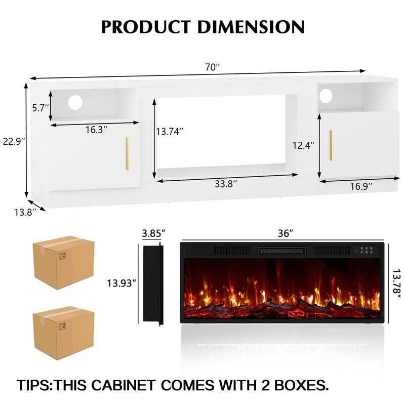 Bossin 70" Fireplace TV Stand with 36" Electric Fireplace, TV Stand for TVs Up to 80", 16 Colors LED Lights/Entertainment Center