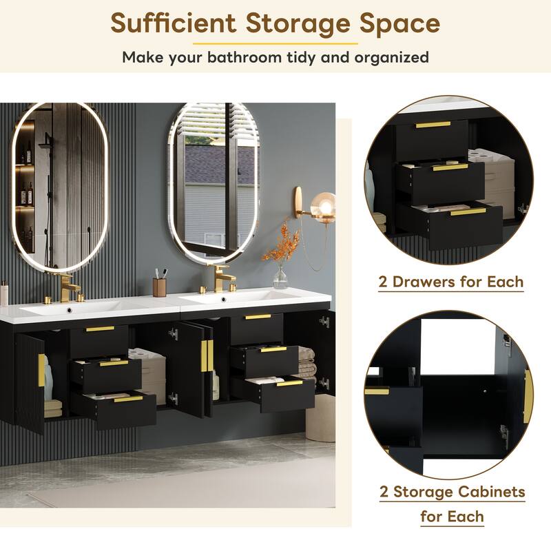 72'' Wall Mounted Bathroom Vanity with White Integrated Resin Sink - 72'' x 18'' x 20.3''