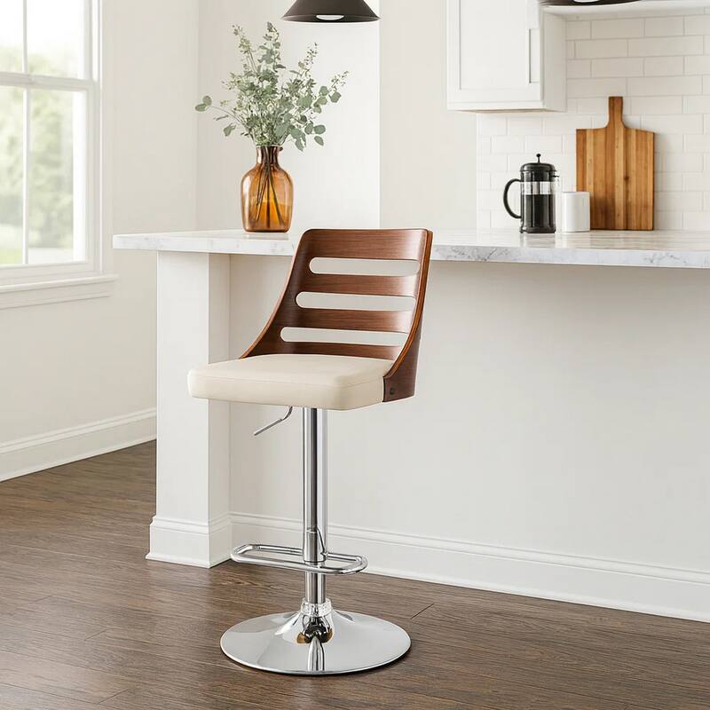 Swivel Wooden Cut Out Back Barstool with Pedestal Base, Cream and Chrome