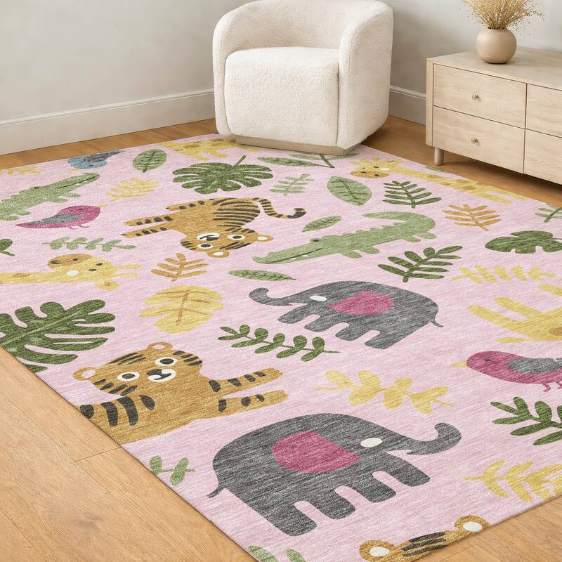 Machine Washable Indoor/ Outdoor Whimsy Safari Animals Chantille Rug