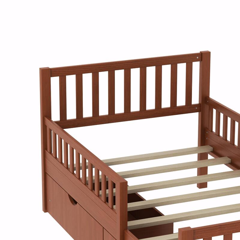 Wood Platform Bed with Guardrails on Both Sides and Two Storage Drawers