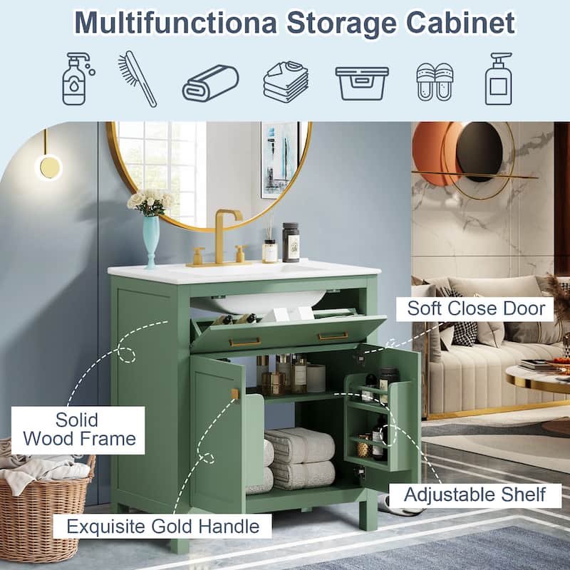 30-inch Bathroom Vanity with Ceramic Sink,2 Doors and a Shelf