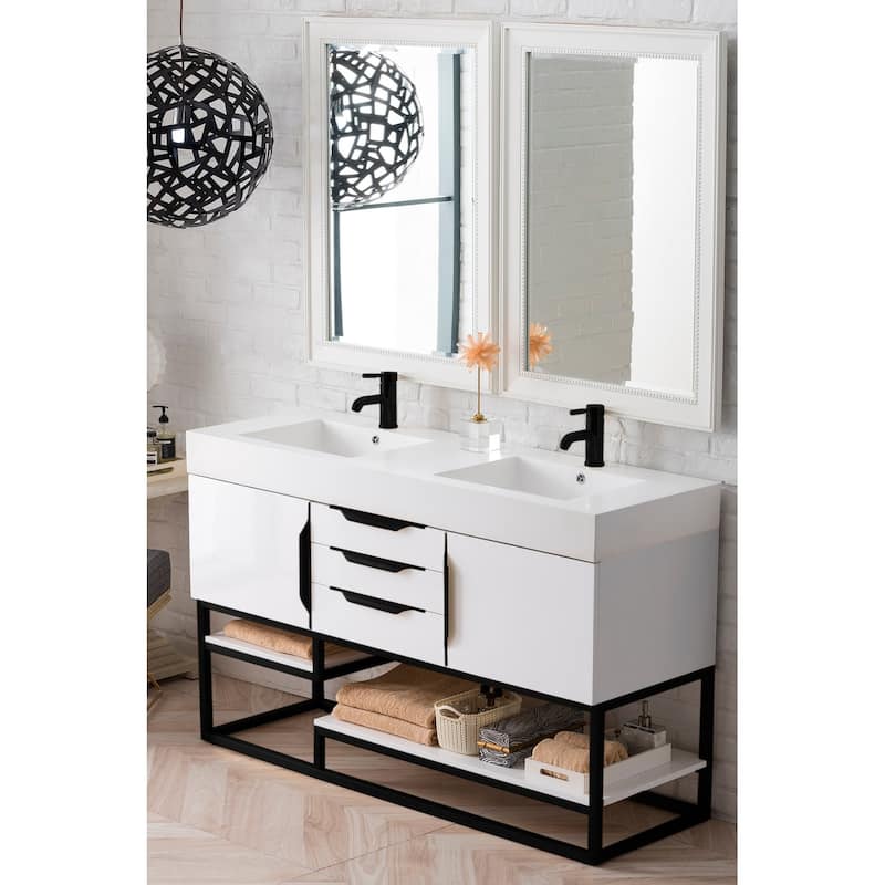 James Martin Vanities Columbia 59" Double Vanity, Glossy White with Matte Black Hardware