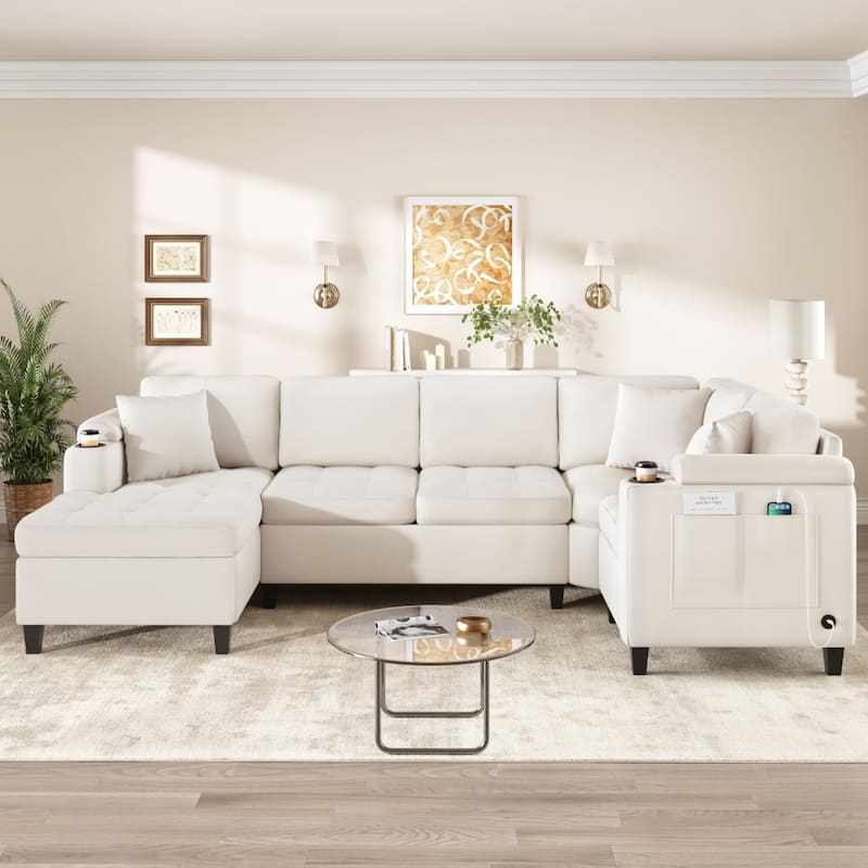 115.7" Modern Corner Oversized Sectional Sofa with Built-in Cup Holders and USB Ports