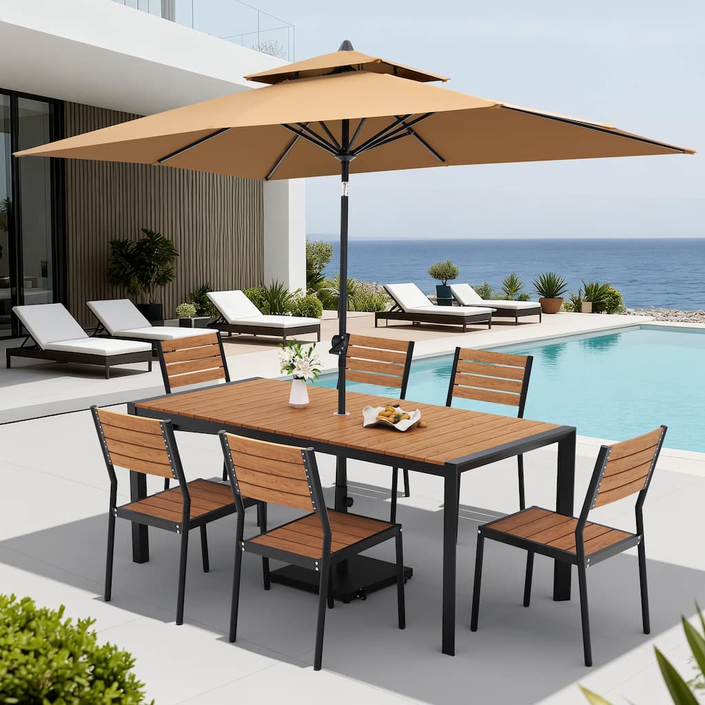Set of 9 Outdoor Patio Dining Set WoodLike Aluminum Umbrella Hole Table with Stackable Chairs, Double Top Market Umbrella Set