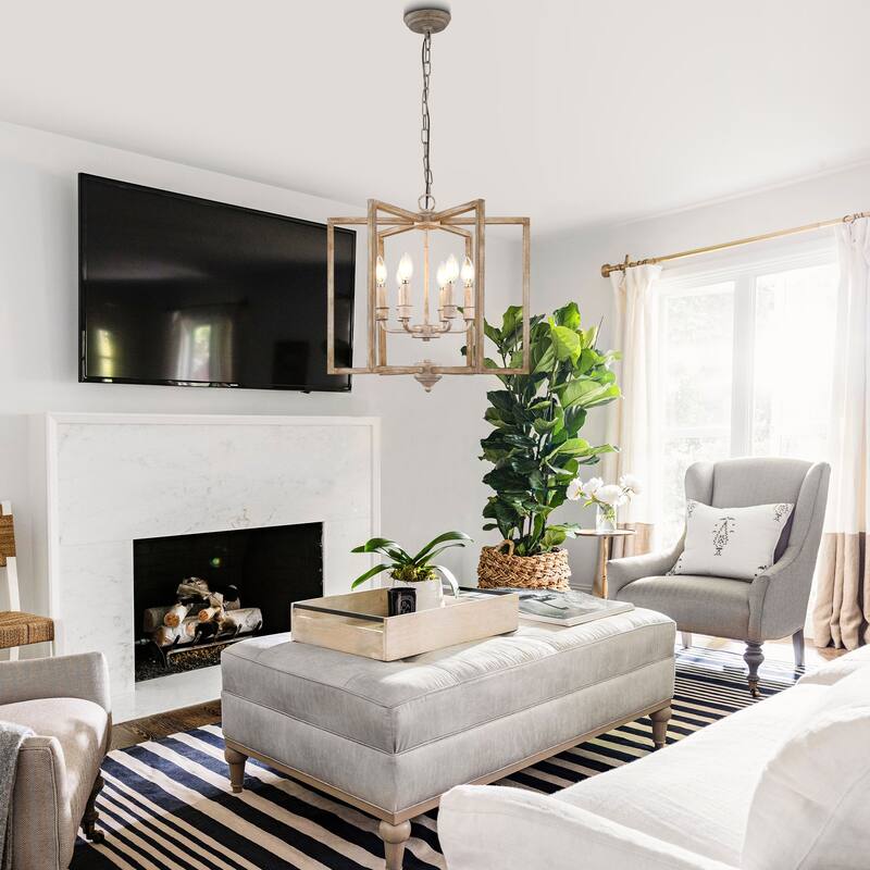 Oaks Aura Wooden Chandelier,Rectangular Frame Pendant Light,Farmhouse Hanging Lamp,Height Adjustable for Living Room,Dining Room