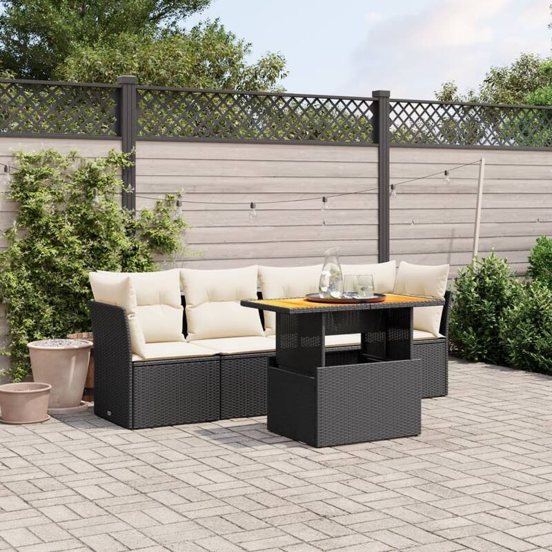 vidaXL Patio Sofa Set with Cushions Table and Modular Sofas 5 Piece Poly Rattan - 21.7 x 39.4 x 28.7 - Black