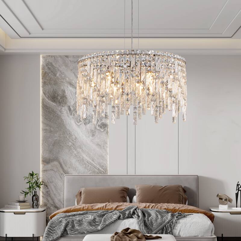 24" Luxurious Round Silver Crystal Chandelier, Contemporary Rectangular Pendant Light, and Grand Foyers (Bulbs Not Included)