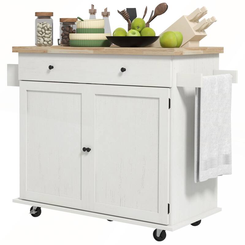 Farmhouse Rolling Kitchen Island Cart on Wheels with Rubberwood Top