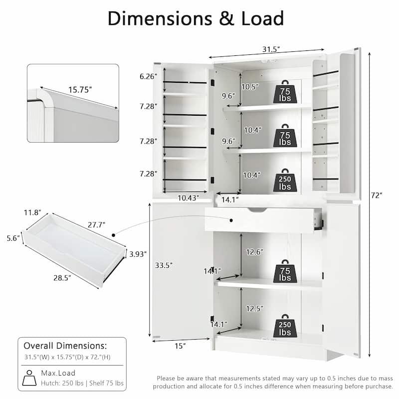72" Tall Farmhouse Kitchen Pantry Cabinet, 8 Door Shelves, Curved Design Storage Cabinet with 3 Adjustable Shelves