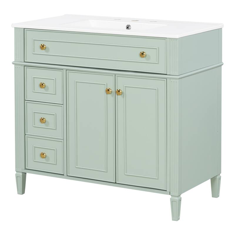 Modern 36 Inch Bathroom Vanity with Ceramic Sink, Solid Wood Frame Bathroom Storage Cabinet with Drawers and Gold Handles