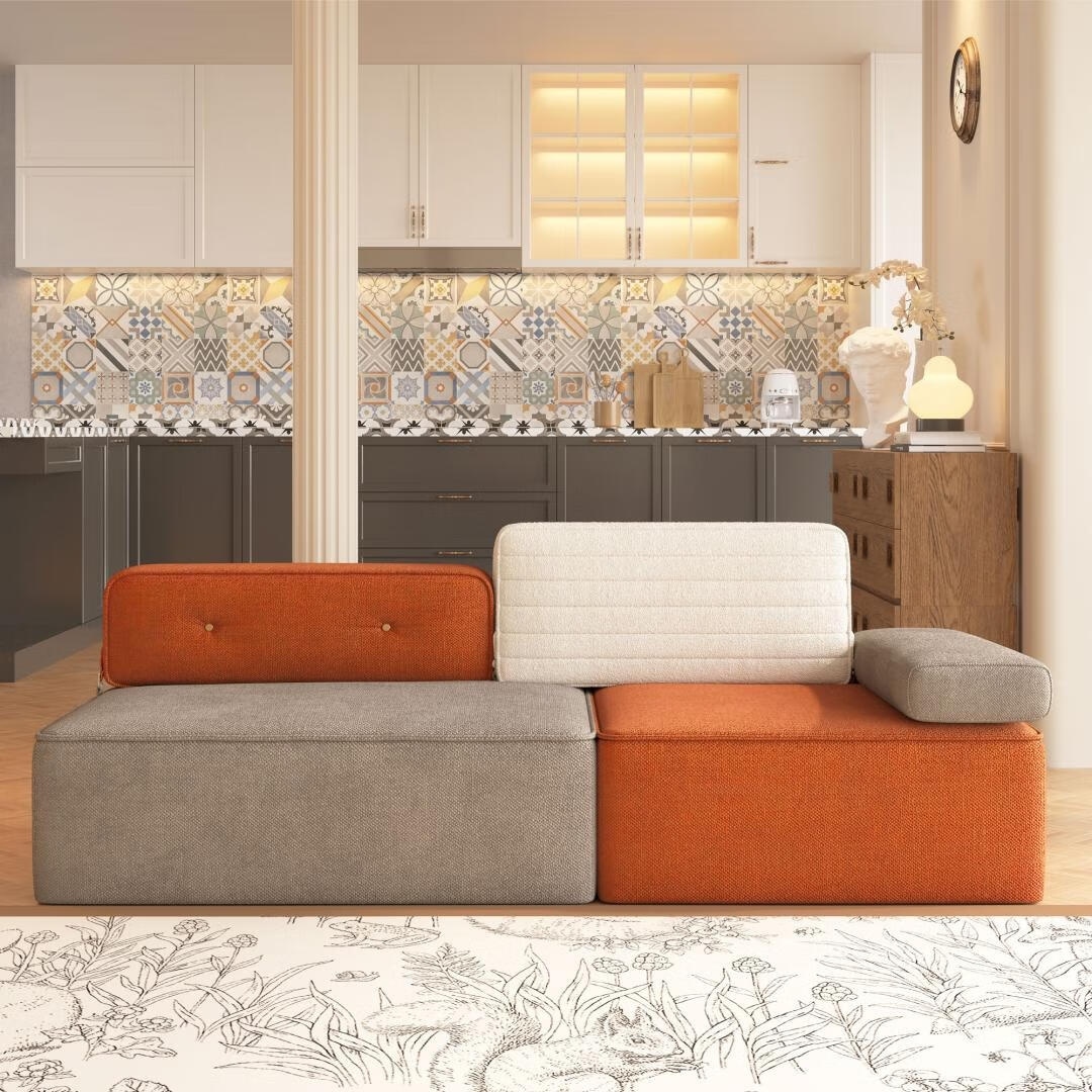 79.9 Inch Modern Color Block Fabric Sectional Sofa With Spring Cushions - 79.9"Wx35.4"Dx29.9"H