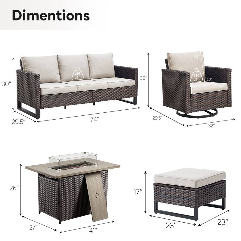 Outdoor Sofa 2 Swivel Chairs Ottomans and Fire Pit Table