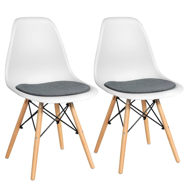 Set of 2 Ergonomic Dining Chairs with Soft Linen Cushion and Sturdy PP Seat and Wooden Frame - 18" x 19" x 33" (W x D x H) - White