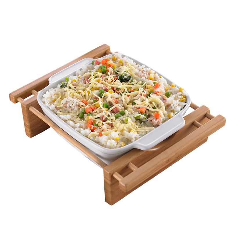 Creative Home Grand Buffet Stoneware Square Baking Dish with Bamboo Cradle - White