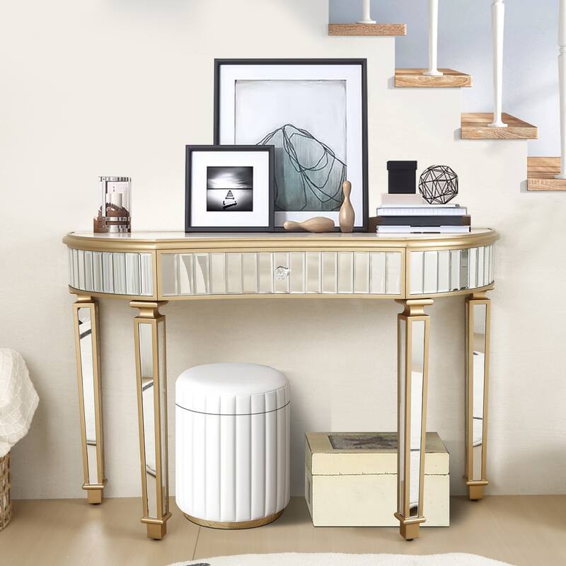 47 inch Half Moon Mirrored Console Table Fluted Glass Crystal Knob Drawer Silver Gold