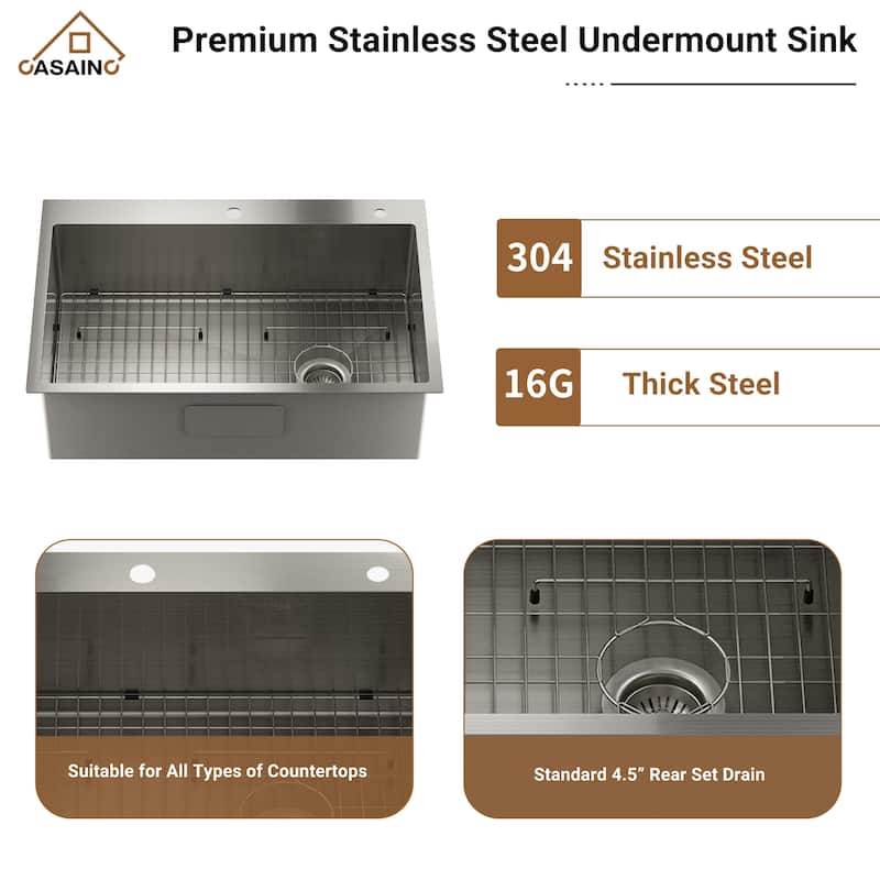 Stainless Steel 33 Single Bowl Drop-In Kitchen Sink with LED and Infrared Sensor Pull Down Kitchen Faucet
