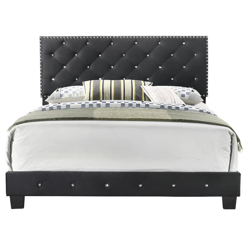 Tufted Faux Jewel Velvet Upholstered Full Panel Bed - 77" - Black