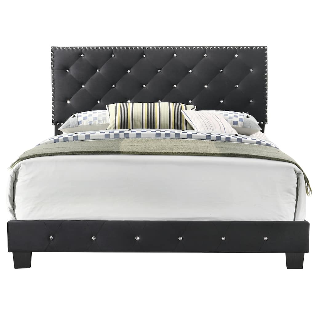 Tufted Faux Jewel Velvet Upholstered Full Panel Bed - 77" - Black