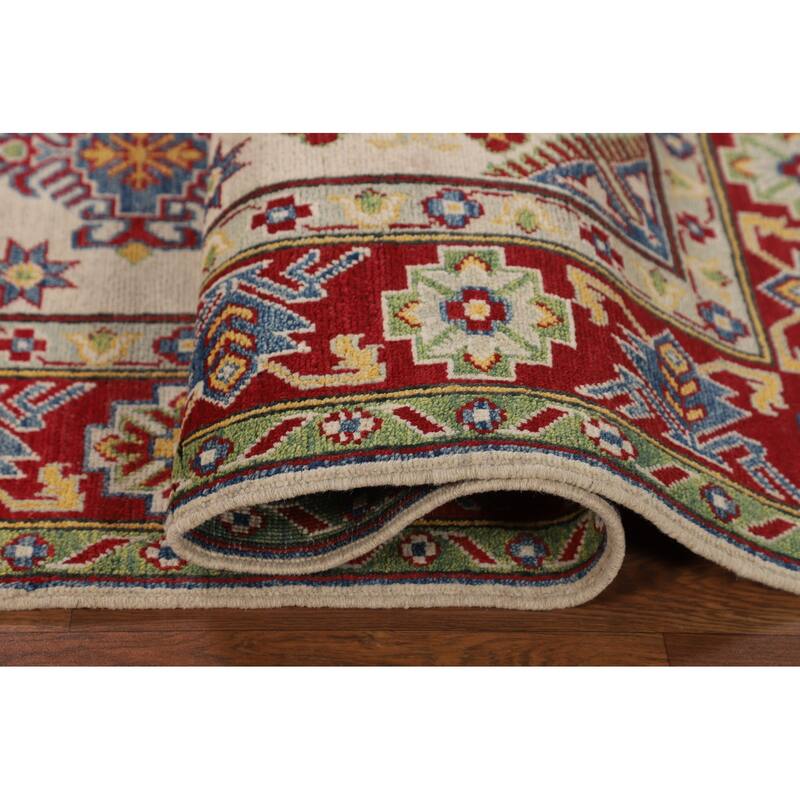 Beige Geometric Kazak Oriental Area Rug Hand-Knotted Wool Carpet - 5'1" x 6'6"