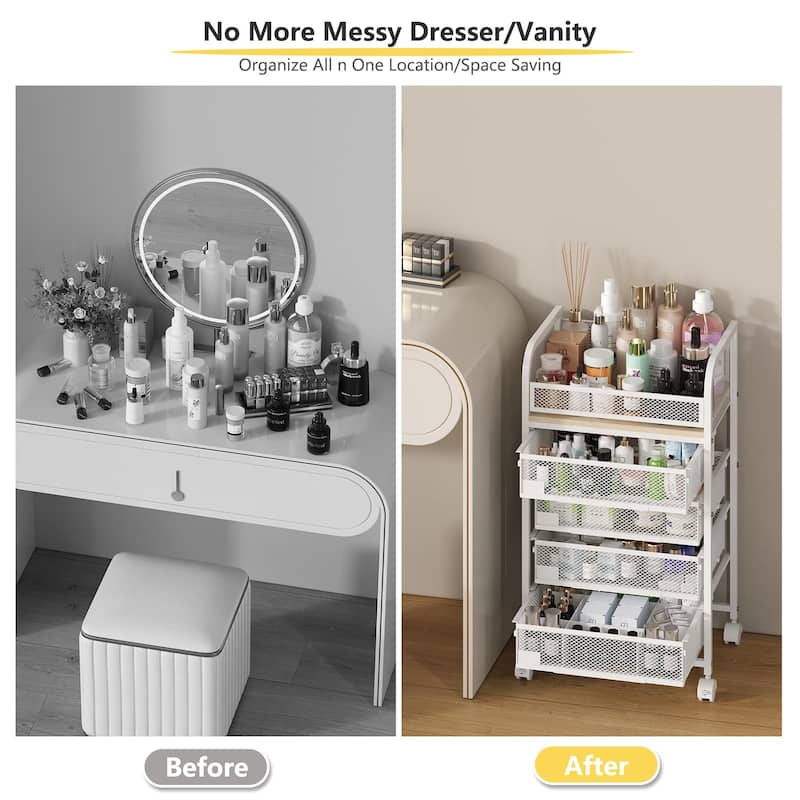 Anmytek White Makeup Organizer with 4 Drawers Wheels and Nameplates Floor Skincare Storage Vanity Cosmetic Holder