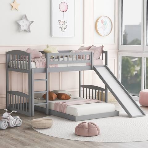 Simple Casual Style Gray Twin Over Twin Floor Bunk Bed Wood Loft Bed with Slide and Ladder