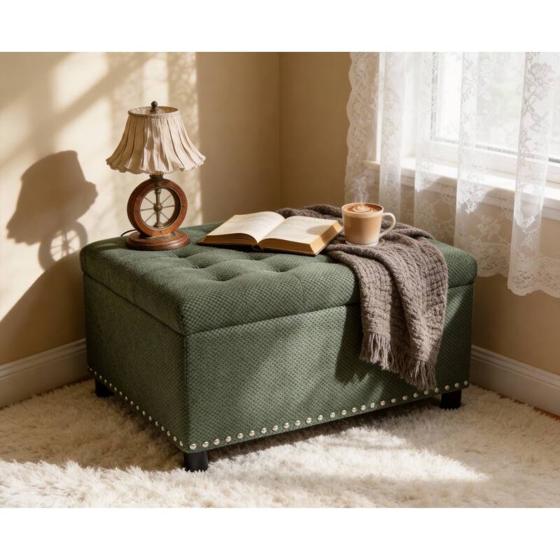 Storage Ottoman,Tufted Footstool, Nailhead Trim Ottoman, Square Storage Ottoman, Upholstered Coffee Table, Bedroom Storage