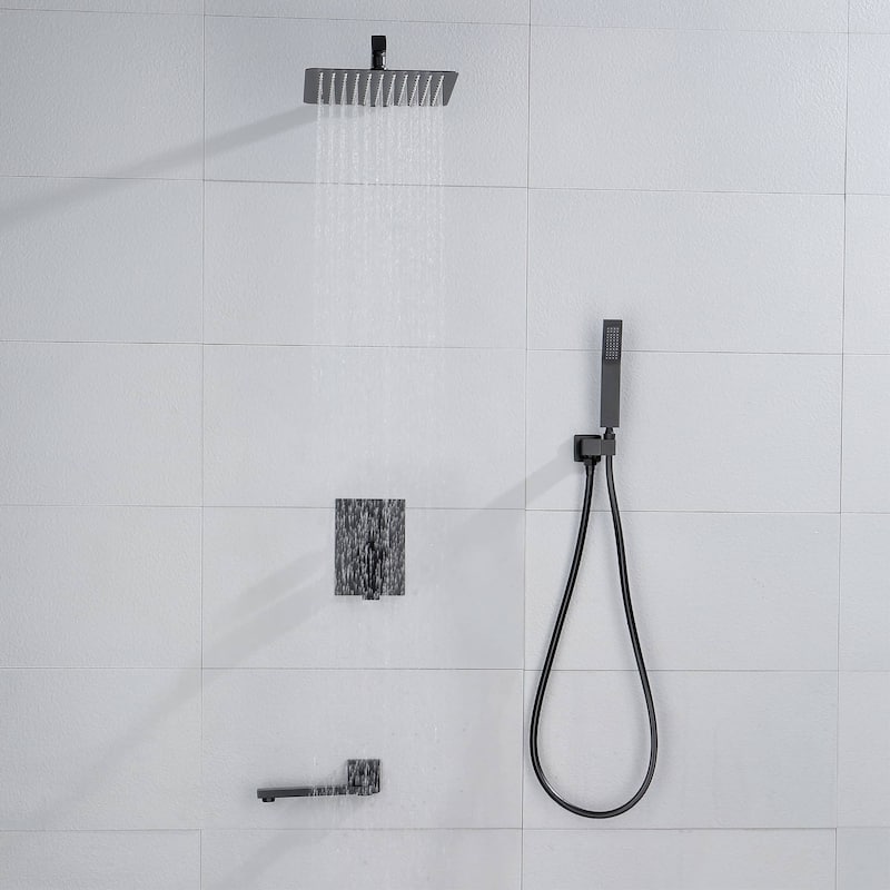 Wall Mount Tub Shower Faucet With Hand Shower Pressure Balance Shower System With Tub Spout 12 Inch Rainfall Shower Head Sets