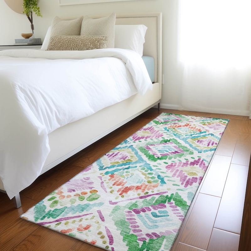 Machine Washable Indoor/ Outdoor Boho Brushstrokes Chantille Rug - Teal - 2'3" x 7'6"