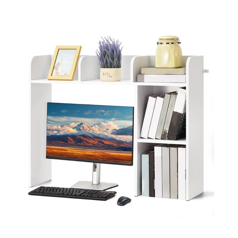 White Particle Board Desktop Bookshelf, 2 Shelves, Anti-Tip Design - 37.2" L x 9.5" W x 28.9" H