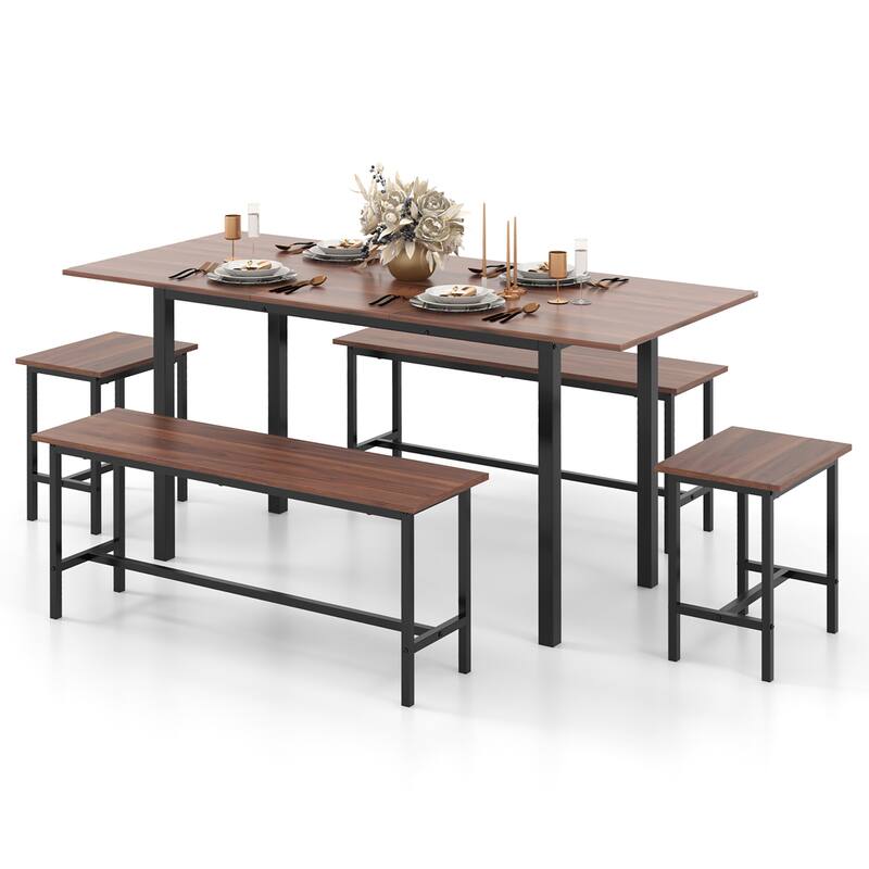 Gymax 5 PCS Dining Table Set for 4-6 w/ 2 Benches & 2 Stools Metal - Black