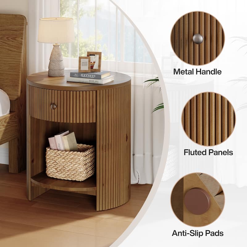 2-Tier Round End Table with Drawer, No Assembly Required, Wooden Beside Table, Circle Nightstand for Bedroom, Living Room