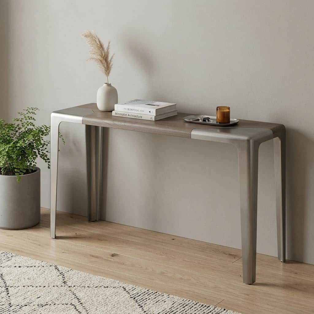 HomeRoots 63" Light Gray and Nickel Wood and Stainless Steel Console Table - 63.00 in. x 30.00 in. x 15.00 in.