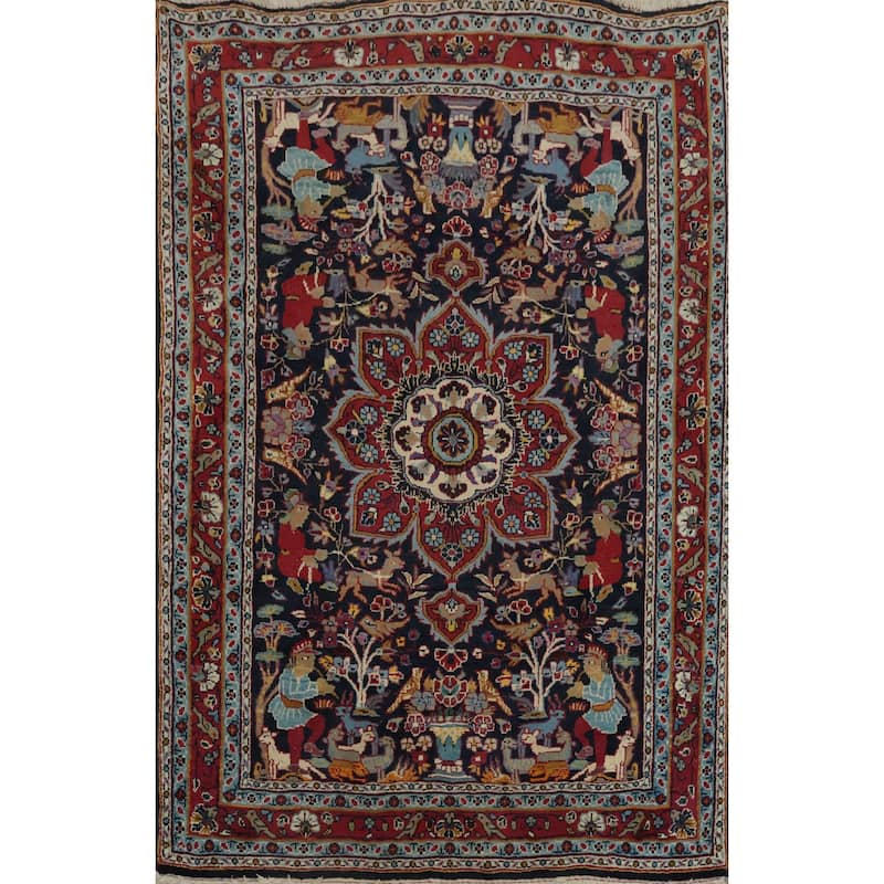 Hand Knotted Oriental 100% Wool Carpet Traditional Floral Navy Blue & Blues Kashan Area Rug - 4' 11'' X 3' 6''