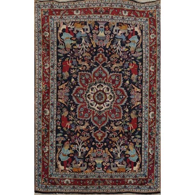 Hand Knotted Oriental 100% Wool Carpet Traditional Floral Navy Blue & Blues Kashan Area Rug - 4' 11'' X 3' 6''