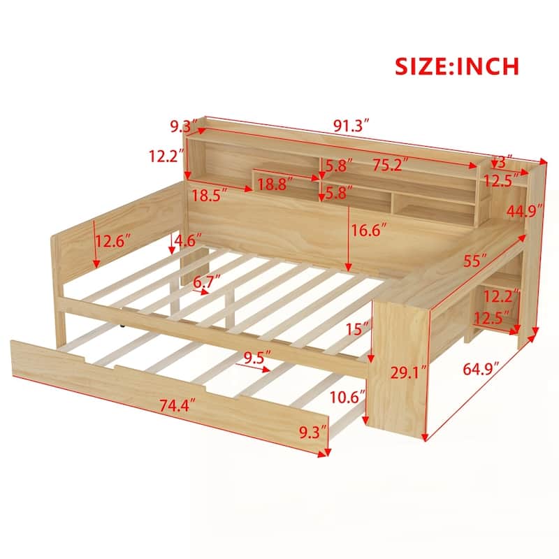 Wooden Daybed with Storage Shelves