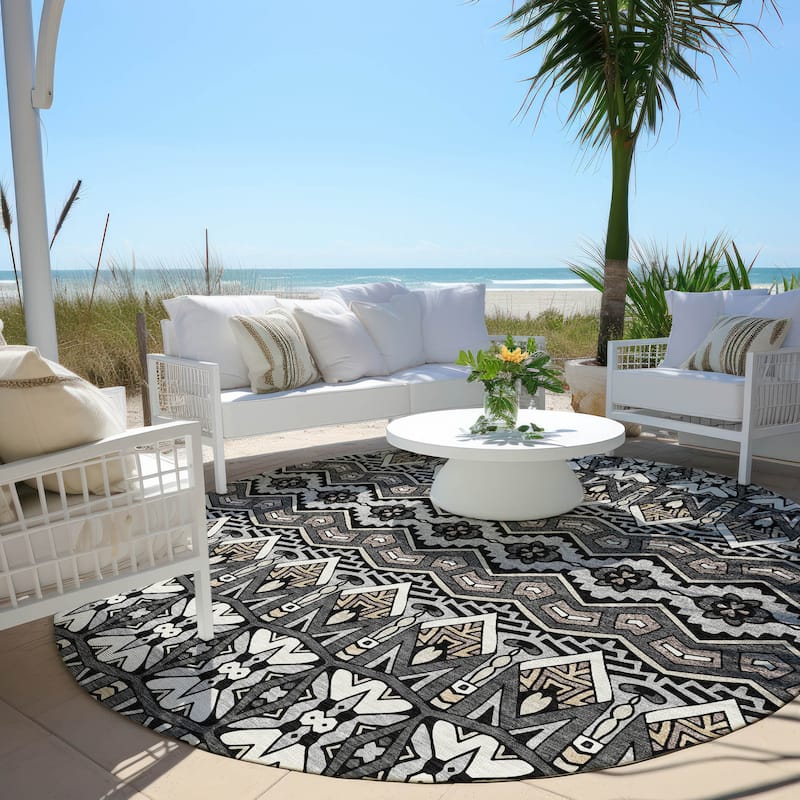 Machine Washable Indoor/ Outdoor Chantille Mosaic Global Rug - Charcoal - 8' x 8'