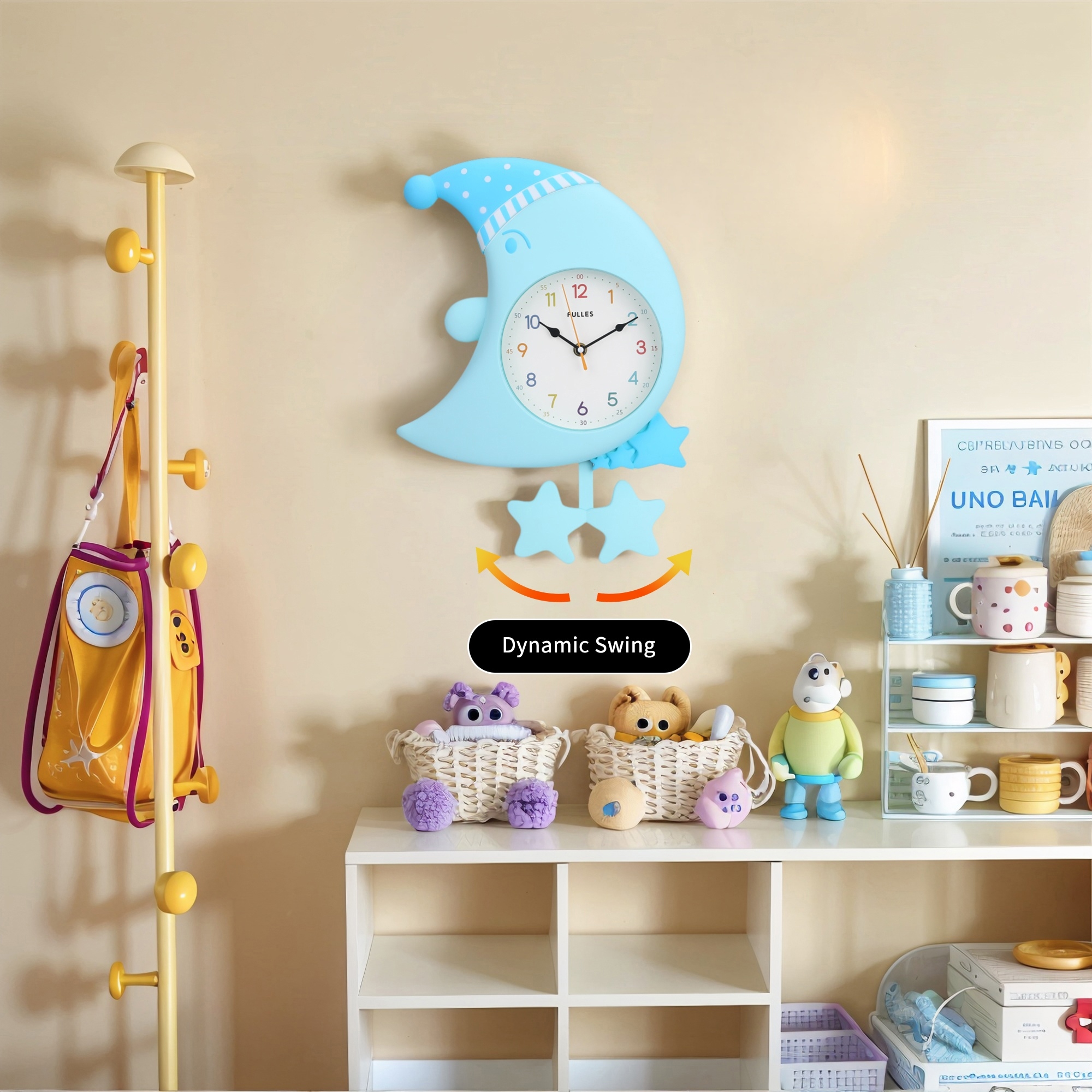 Cute Cartoon Moon Wall Clock with Star Decor, Silent Non-Ticking for Office Bedroom Living Room - 18 x 12 x 2.4 inch