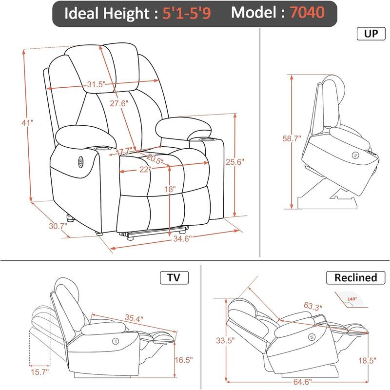 MCombo Electric Power Lift Recliner Chair Sofa with Massage and Heat, 3 Positions, USB Ports, Fabric 7040