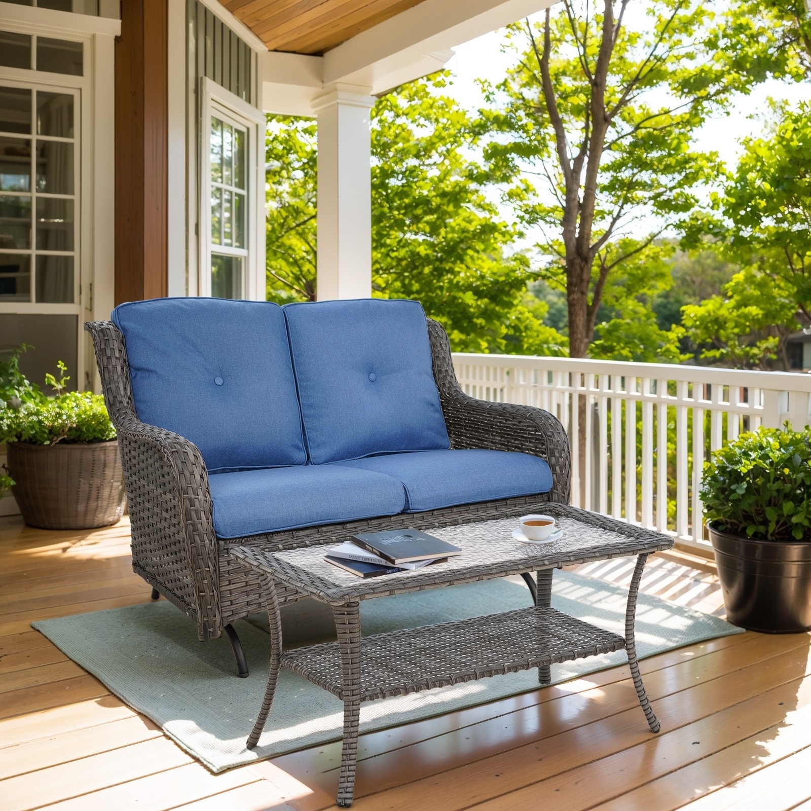 Outdoor Patio Loveseat with Table Grey Wicker - Blue cushion