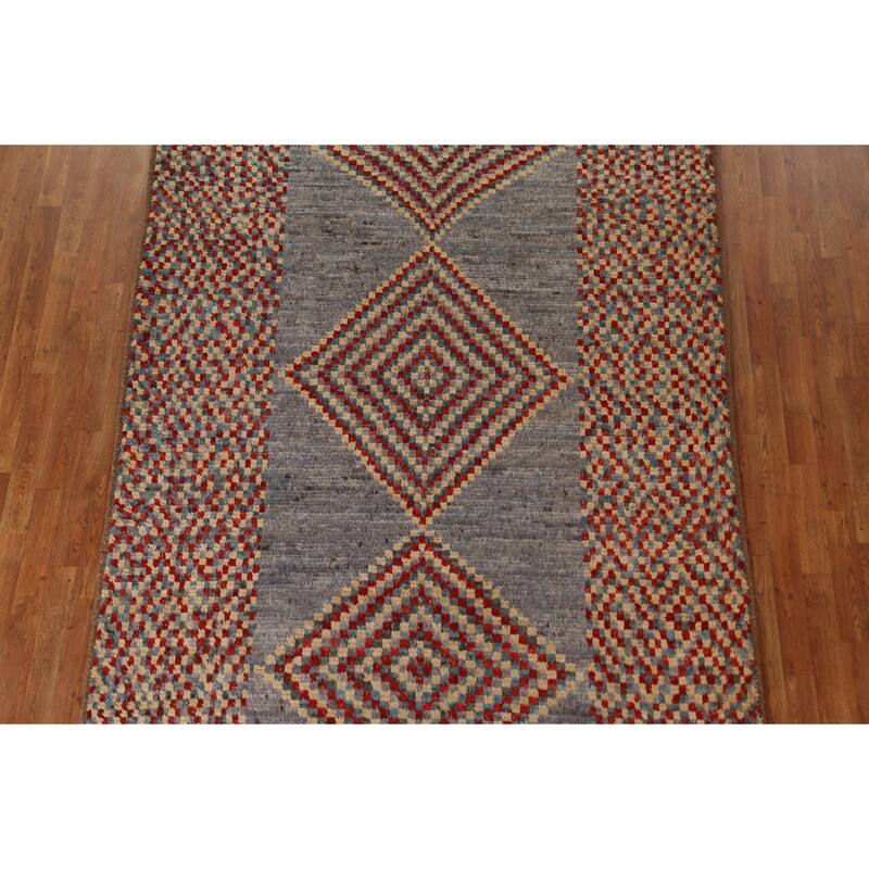 Hand Knotted Oriental 100% Wool Carpet Modern Geometric Greys & Charcoal Moroccan Area Rug - 9' 8'' X 6' 4''
