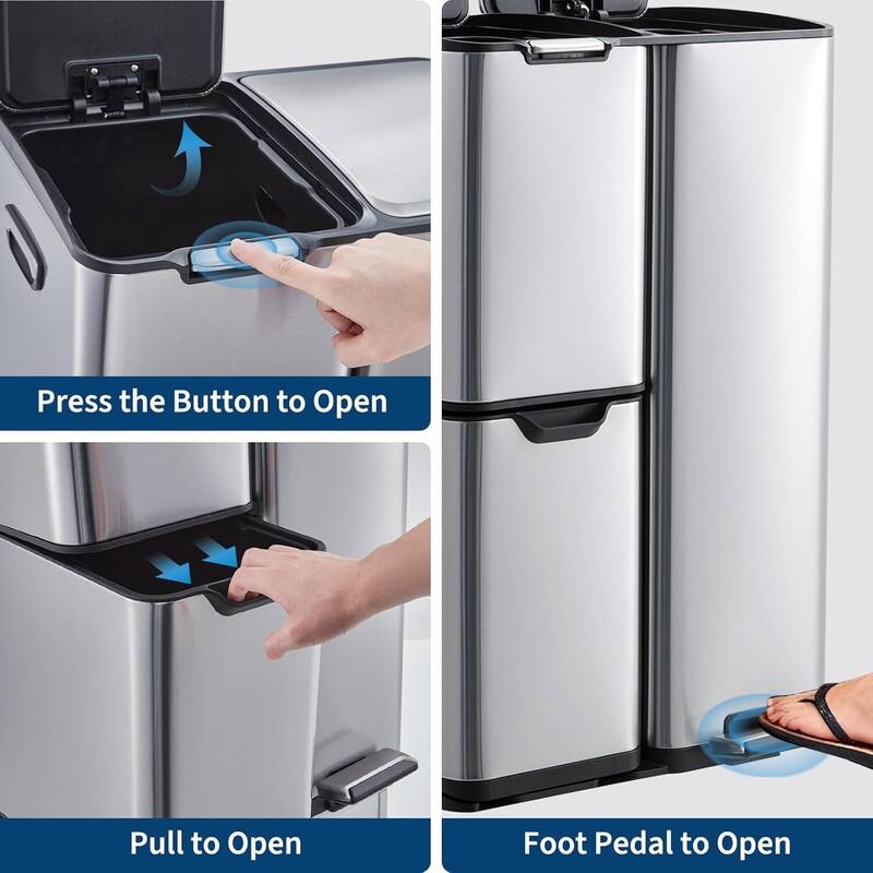 16 Gal Triple Compartment Kitchen Trash Can, Garbage Can with Lid for Bathroom Home Office