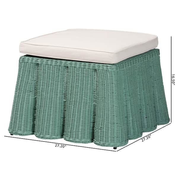 dimension image slide 2 of 4, Palm Scallop Natural Rattan Ottoman with Cushion – Handwoven Wicker Accent Bench or Footrest for Living Room or Sunroom, Square
