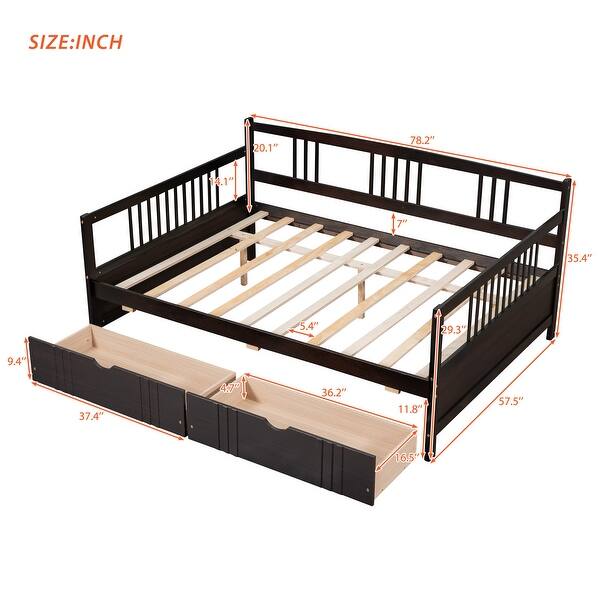 dimension image slide 1 of 2, Full Size Solid Wood Frame Daybed Wood Bed with Two Drawers and Three Sides Rails,Easy Assemble