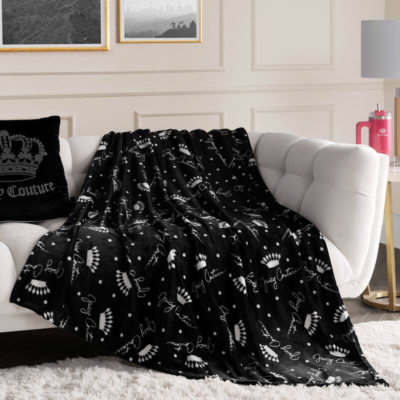 Juicy Couture Crown Script 50" x 70" Plush Throw - 50 x 70 - Black